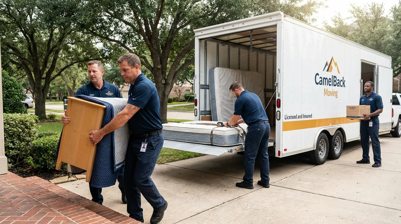 Crew loading residential truck for cross-state move from Truth or Consequences, NM