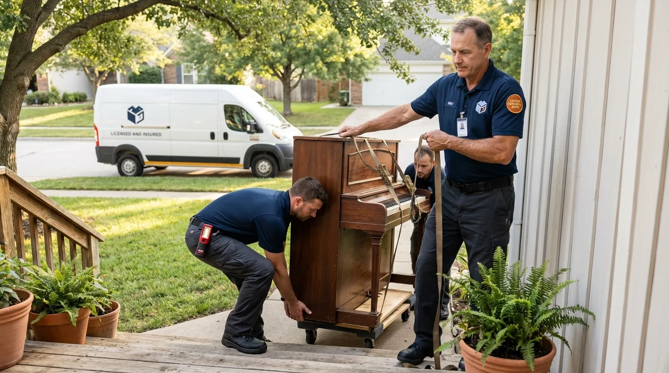 Licensed piano movers securing grand piano in Truth or Consequences, NM