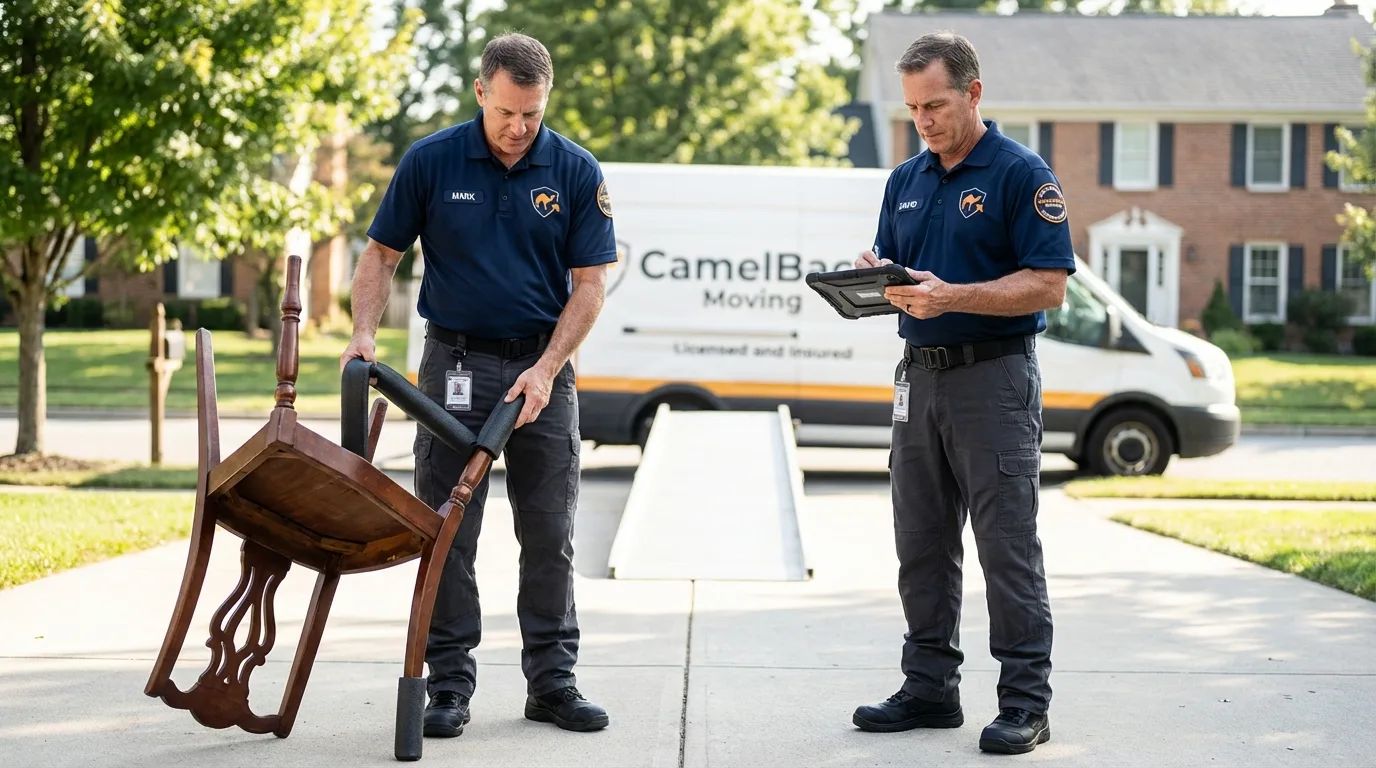Movers inspecting furniture for damage prevention before loading in Truth or Consequences, NM