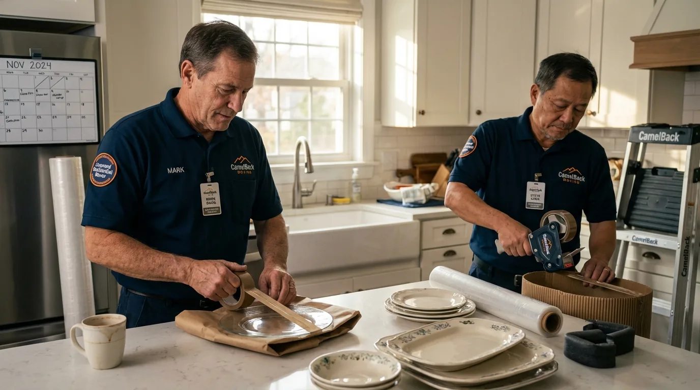 Professional crew packing kitchen dishware in Truth or Consequences, NM